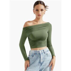 Ruched Olive Green Off-Shoulder Long Sleeve Top Small By Suukess -S  $39 (1381)